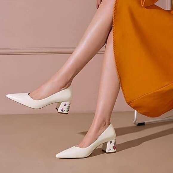 Reitoye Women's Chunky Heel Pumps Closed Toe Dress Pump Heels White - Picture 4 of 6